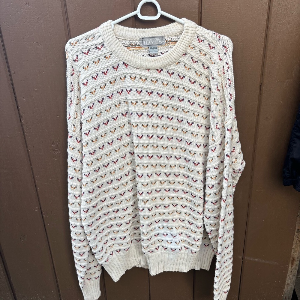 Vintage Christopher Hayes Mens XL Patterned Cotton Knit Sweater Ivory